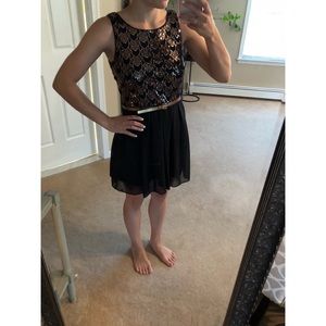 Black dress with gold sparkles and belt